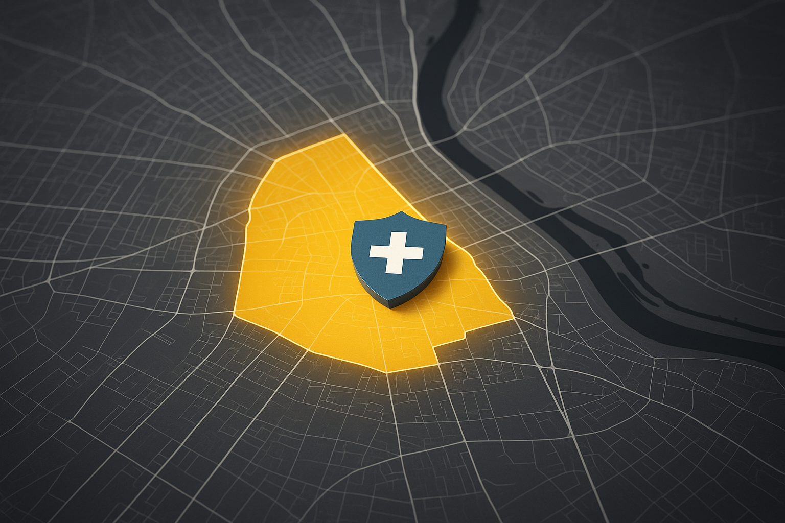 Mapa Warszawy z zaznaczoną Wolą i symbolem ubezpieczenia zdrowotnego
