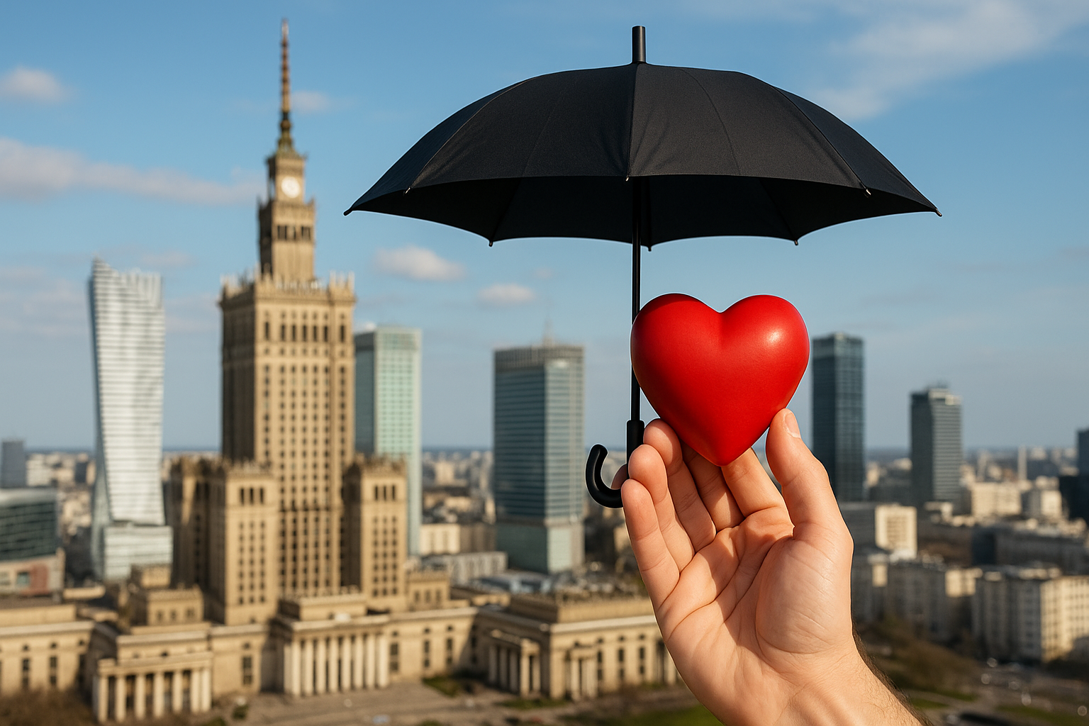 Ubezpieczenie na wypadek ciężkiej choroby – grafika z sercem i parasolem na tle Warszawy